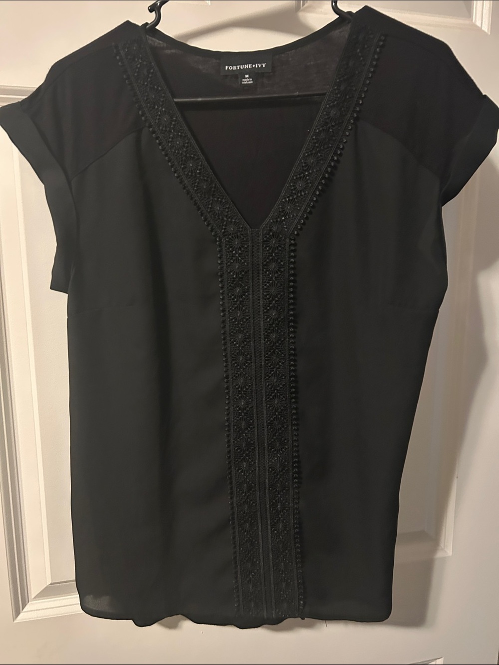 Fortune + Ivy Black Beaded V-Neck Top